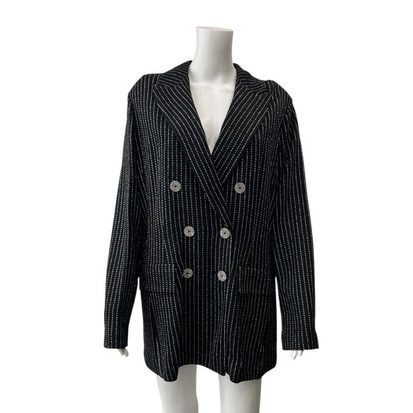 $2995 NWT St. John Black Caviar Silver Embroidered Stripe Blazer Jacket size 16